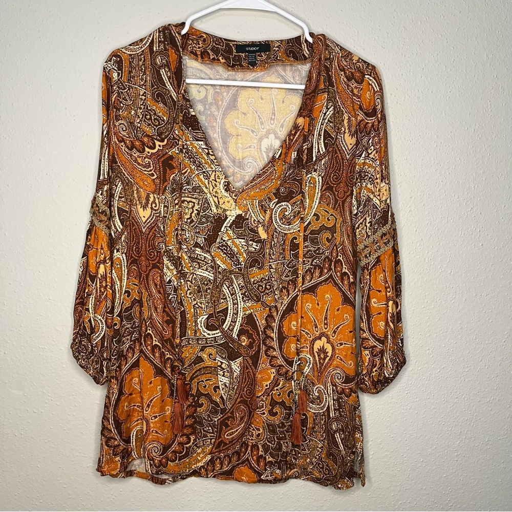 STUDIO F Paisley V-Neck Blouse - Brown and Orange